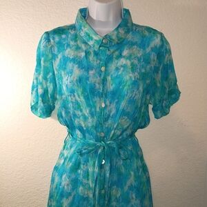 APNY Blue Green Print Button-Up Dress sz Small